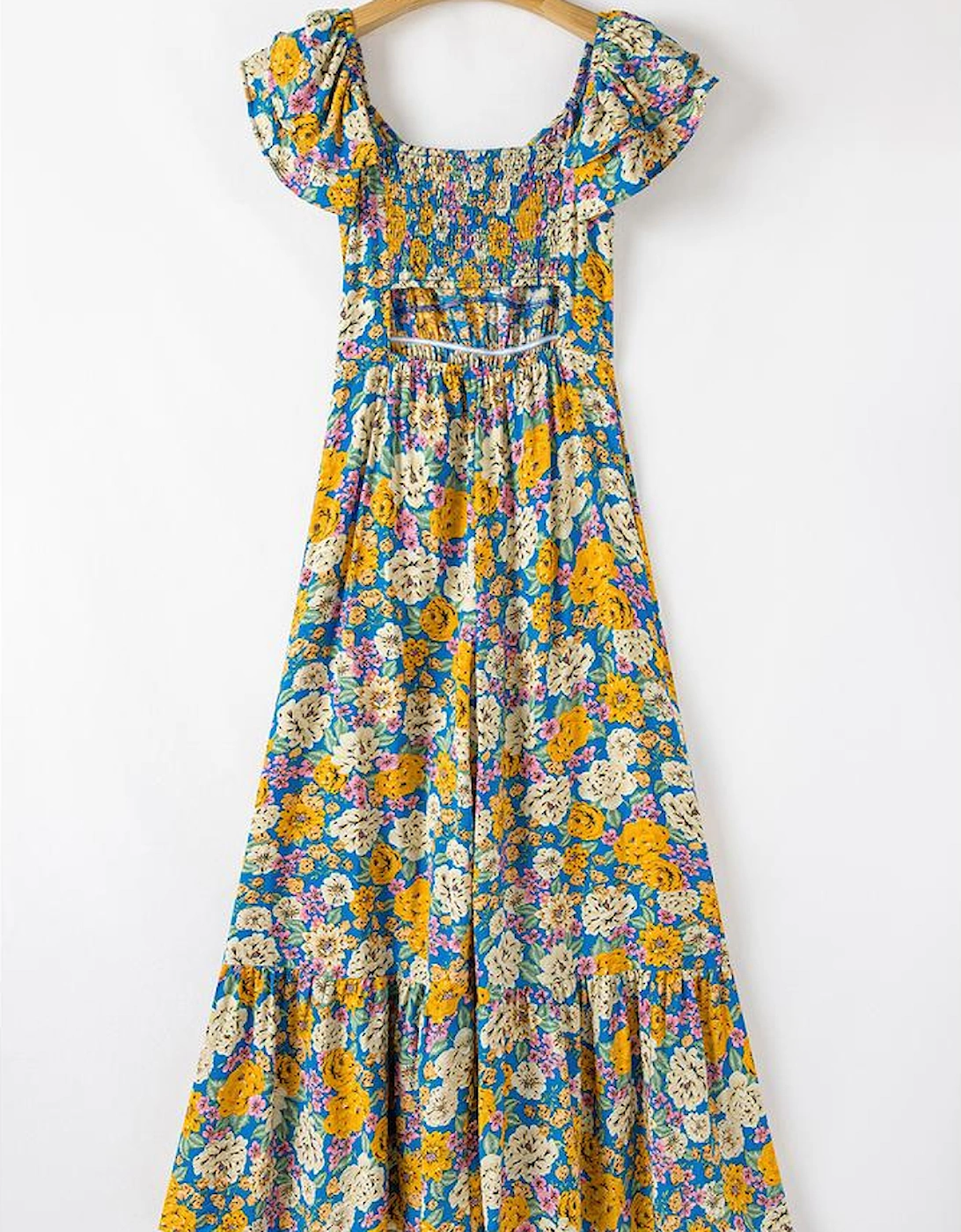 Yellow Floral Allover Print Shirred Cut Out High Waist Jumpsuit