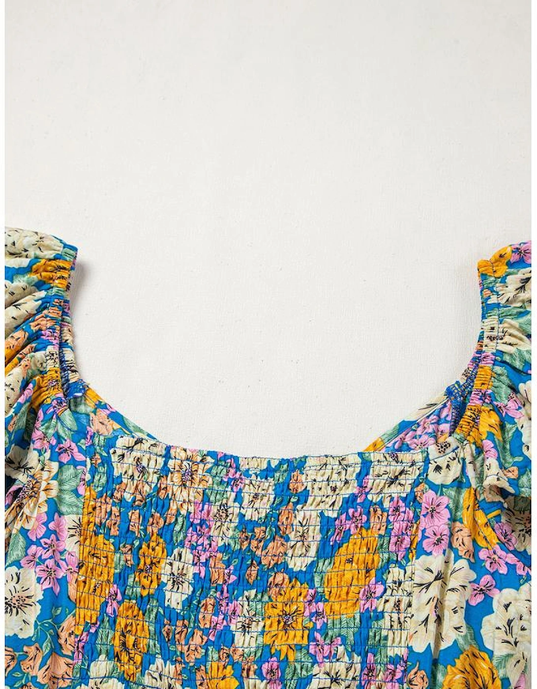 Yellow Floral Allover Print Shirred Cut Out High Waist Jumpsuit