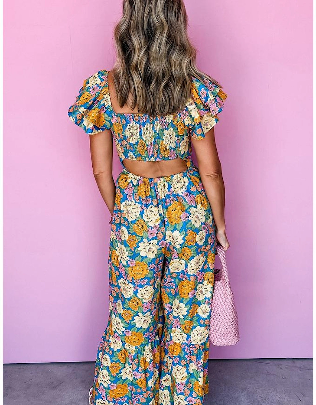 Yellow Floral Allover Print Shirred Cut Out High Waist Jumpsuit