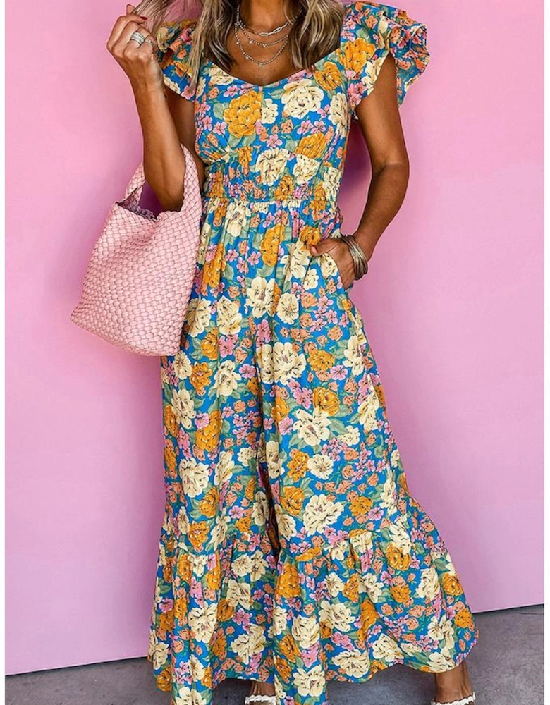 Yellow Floral Allover Print Shirred Cut Out High Waist Jumpsuit