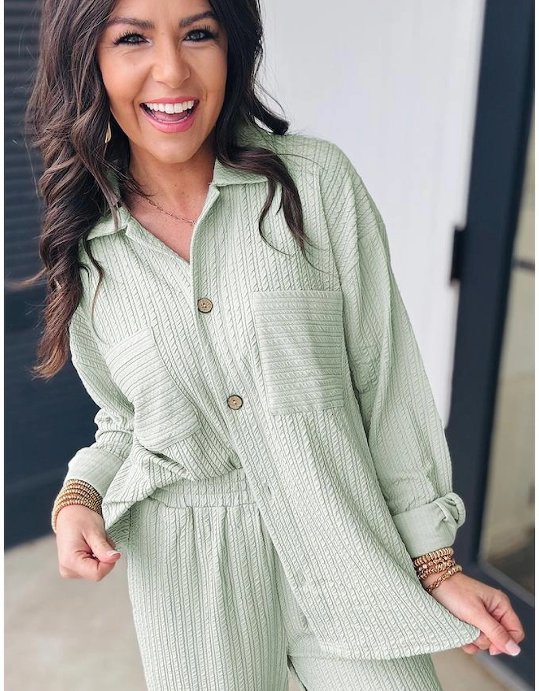 Clearly Aqua Textured Patched Chest Pocket Shirt and Pants Set