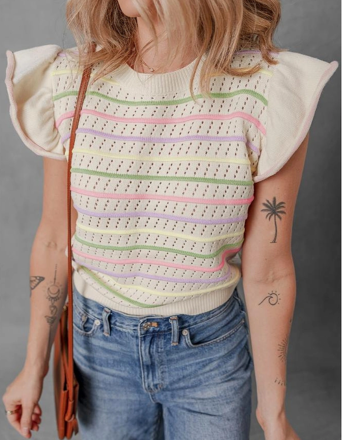 Oatmeal Colorful Striped Eyelet Knit Ruffled Sleeve Sweater T Shirt