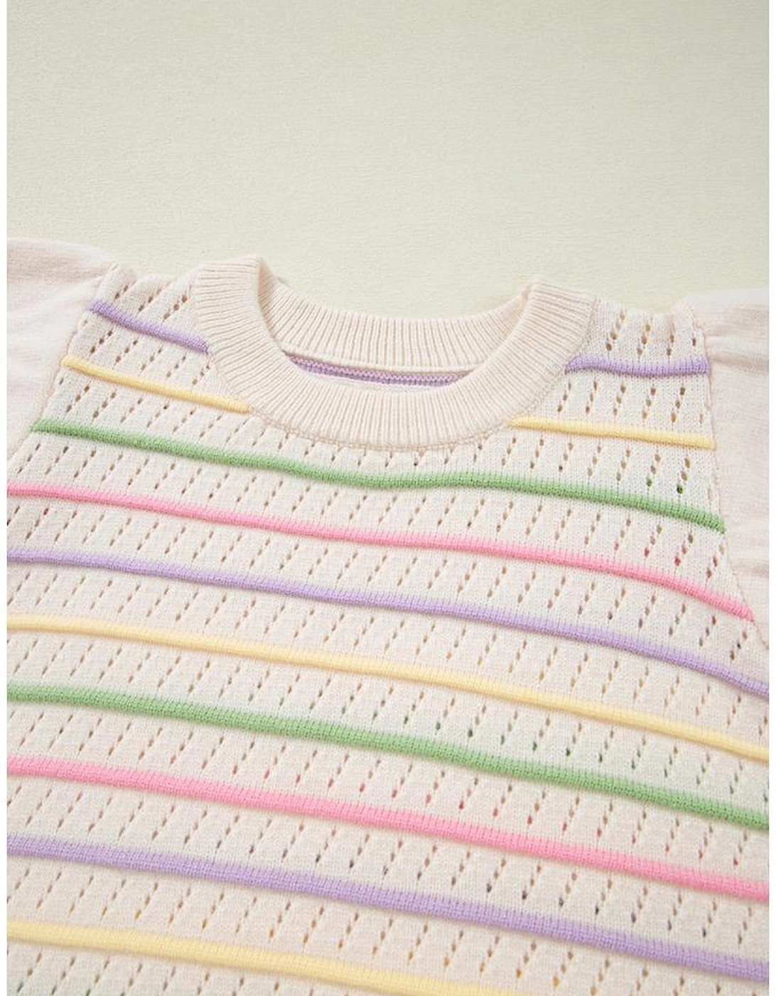 Oatmeal Colorful Striped Eyelet Knit Ruffled Sleeve Sweater T Shirt
