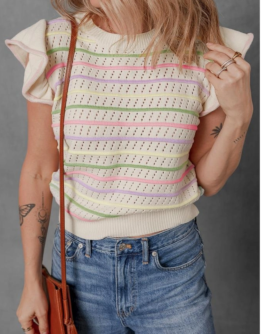 Oatmeal Colorful Striped Eyelet Knit Ruffled Sleeve Sweater T Shirt