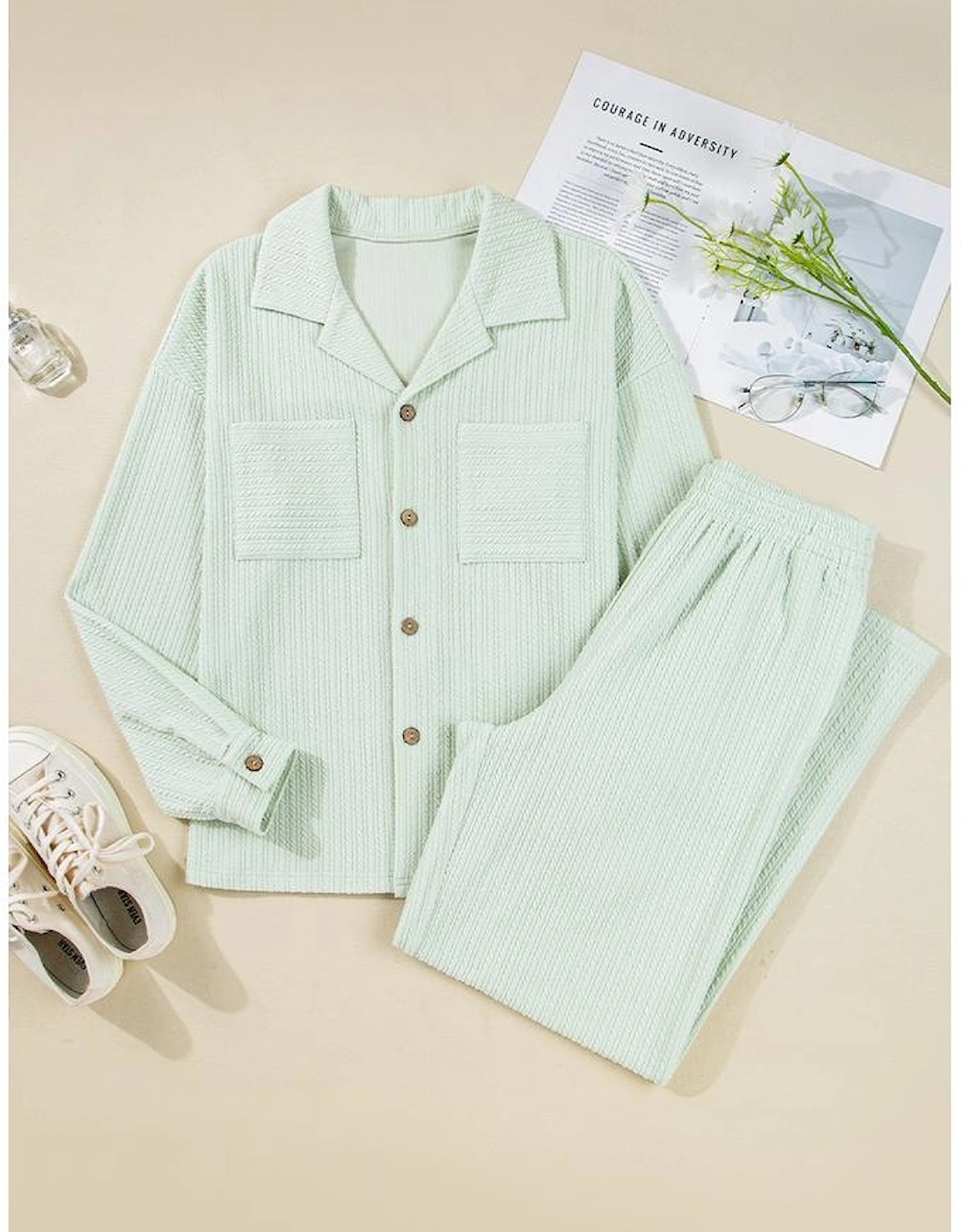 Clearly Aqua Textured Patched Chest Pocket Shirt and Pants Set