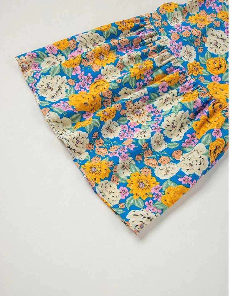 Yellow Floral Allover Print Shirred Cut Out High Waist Jumpsuit