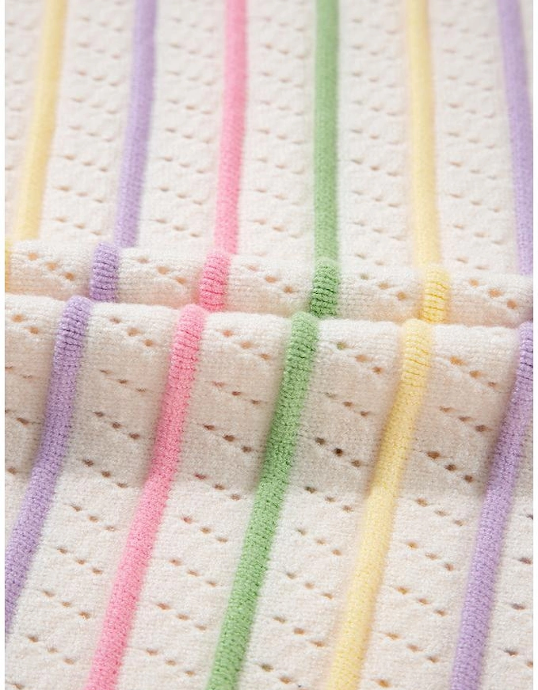 Oatmeal Colorful Striped Eyelet Knit Ruffled Sleeve Sweater T Shirt