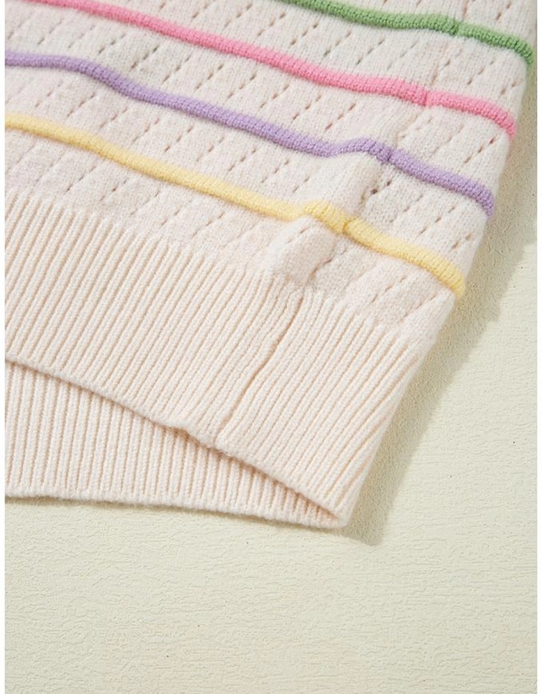 Oatmeal Colorful Striped Eyelet Knit Ruffled Sleeve Sweater T Shirt