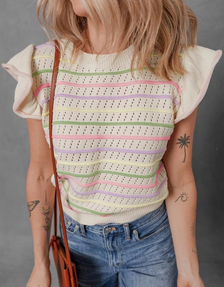 Oatmeal Colorful Striped Eyelet Knit Ruffled Sleeve Sweater T Shirt