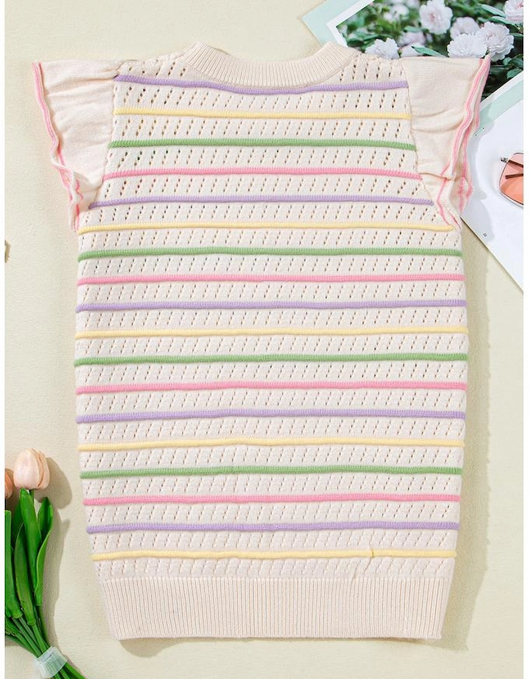 Oatmeal Colorful Striped Eyelet Knit Ruffled Sleeve Sweater T Shirt