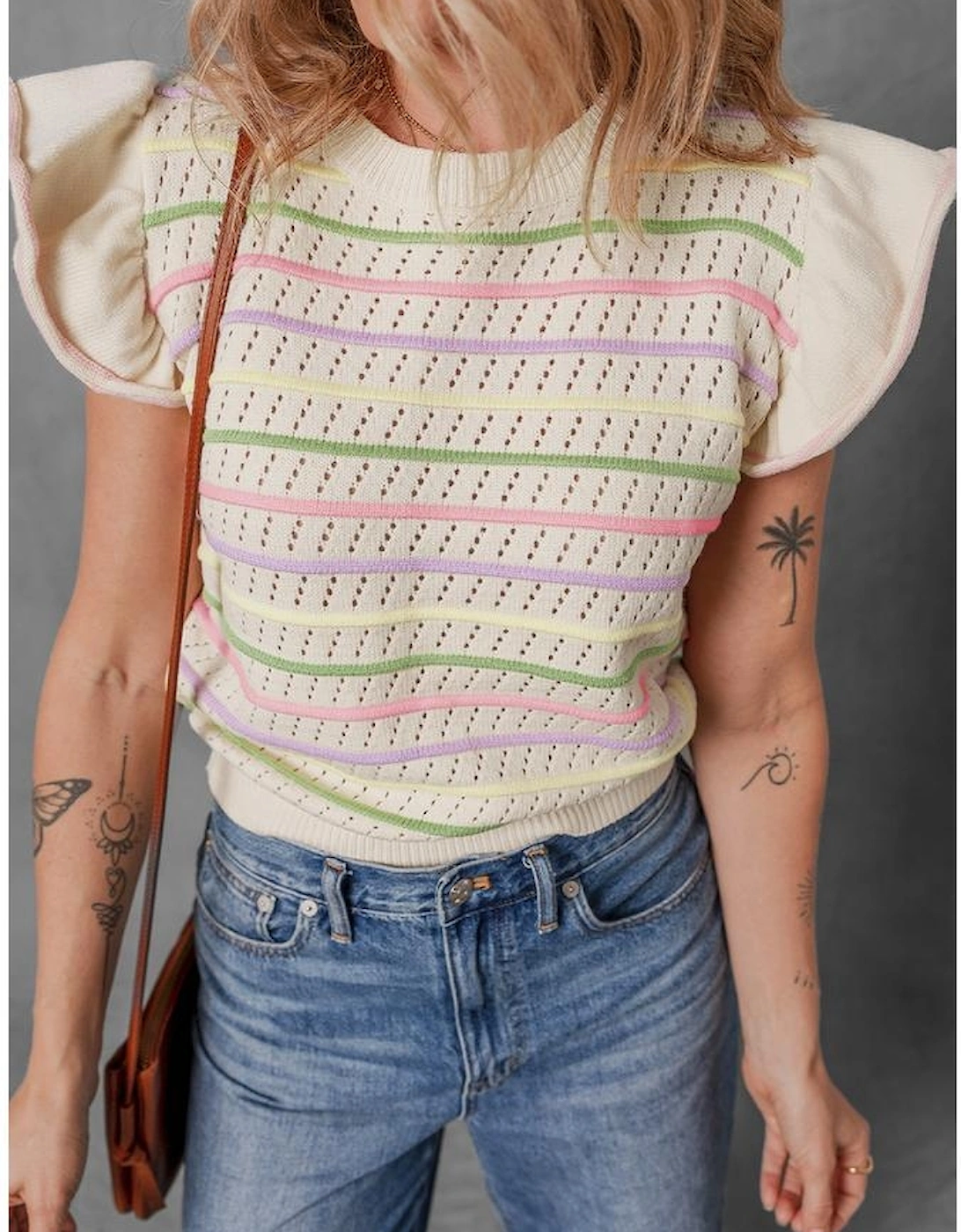 Oatmeal Colorful Striped Eyelet Knit Ruffled Sleeve Sweater T Shirt