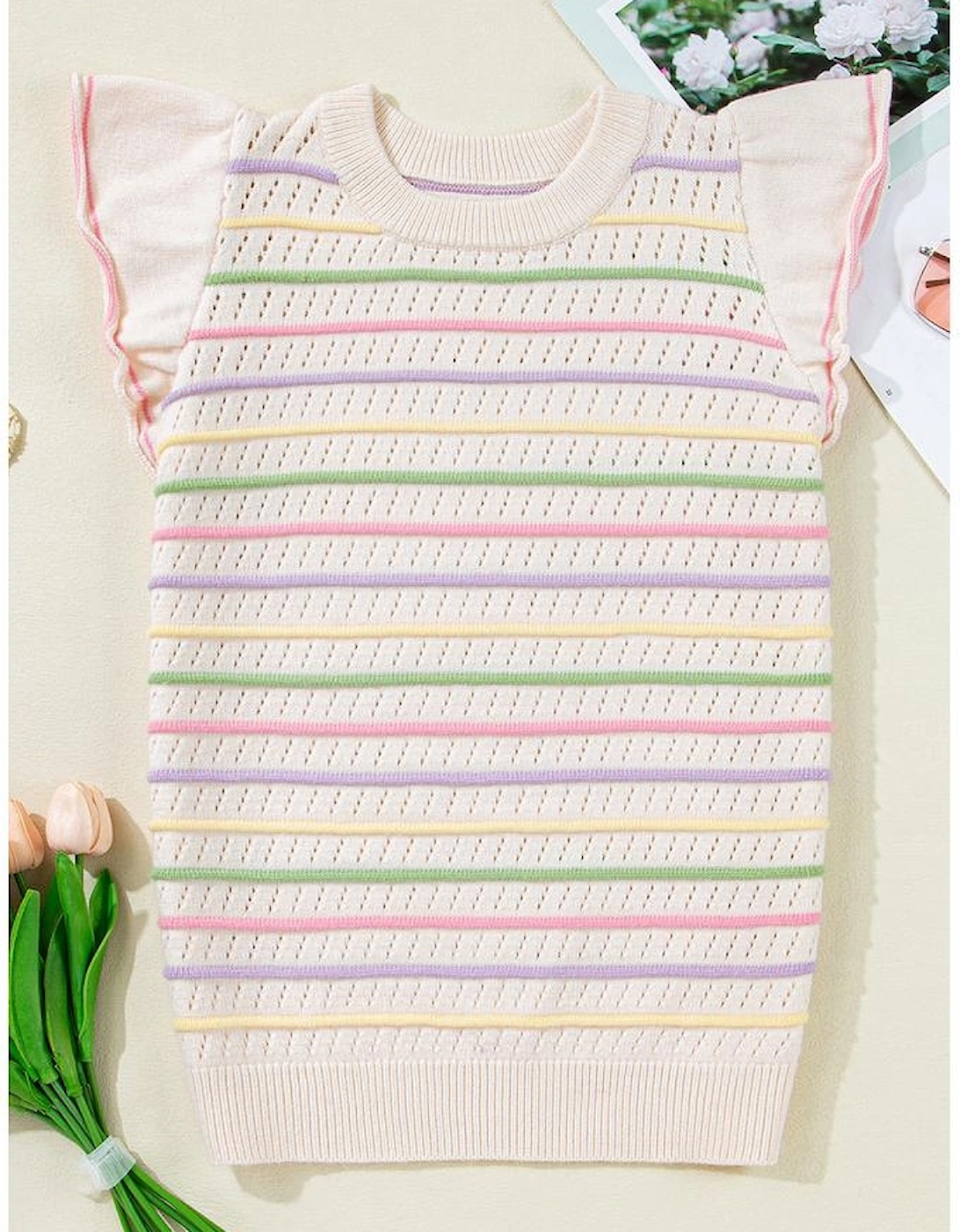 Oatmeal Colorful Striped Eyelet Knit Ruffled Sleeve Sweater T Shirt