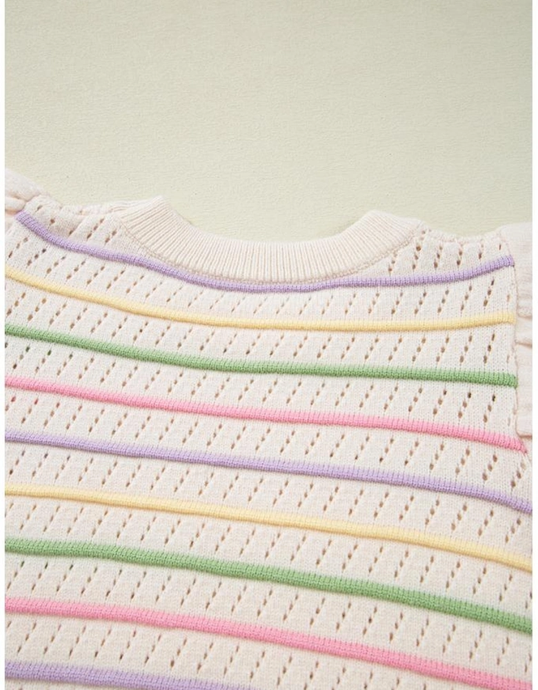Oatmeal Colorful Striped Eyelet Knit Ruffled Sleeve Sweater T Shirt