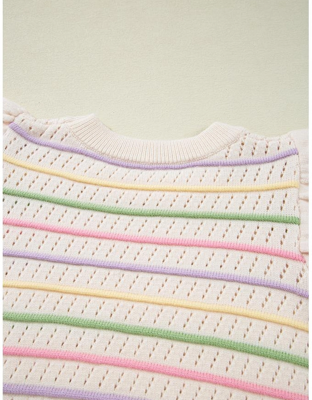 Oatmeal Colorful Striped Eyelet Knit Ruffled Sleeve Sweater T Shirt