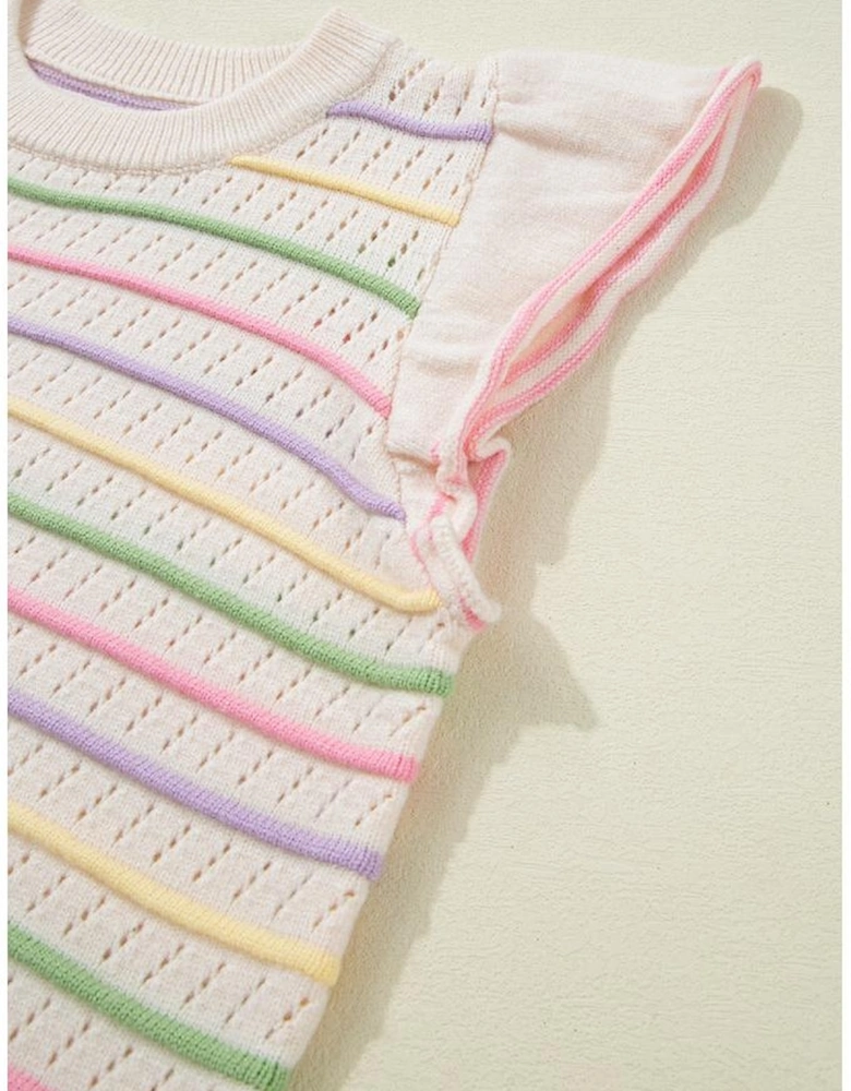 Oatmeal Colorful Striped Eyelet Knit Ruffled Sleeve Sweater T Shirt