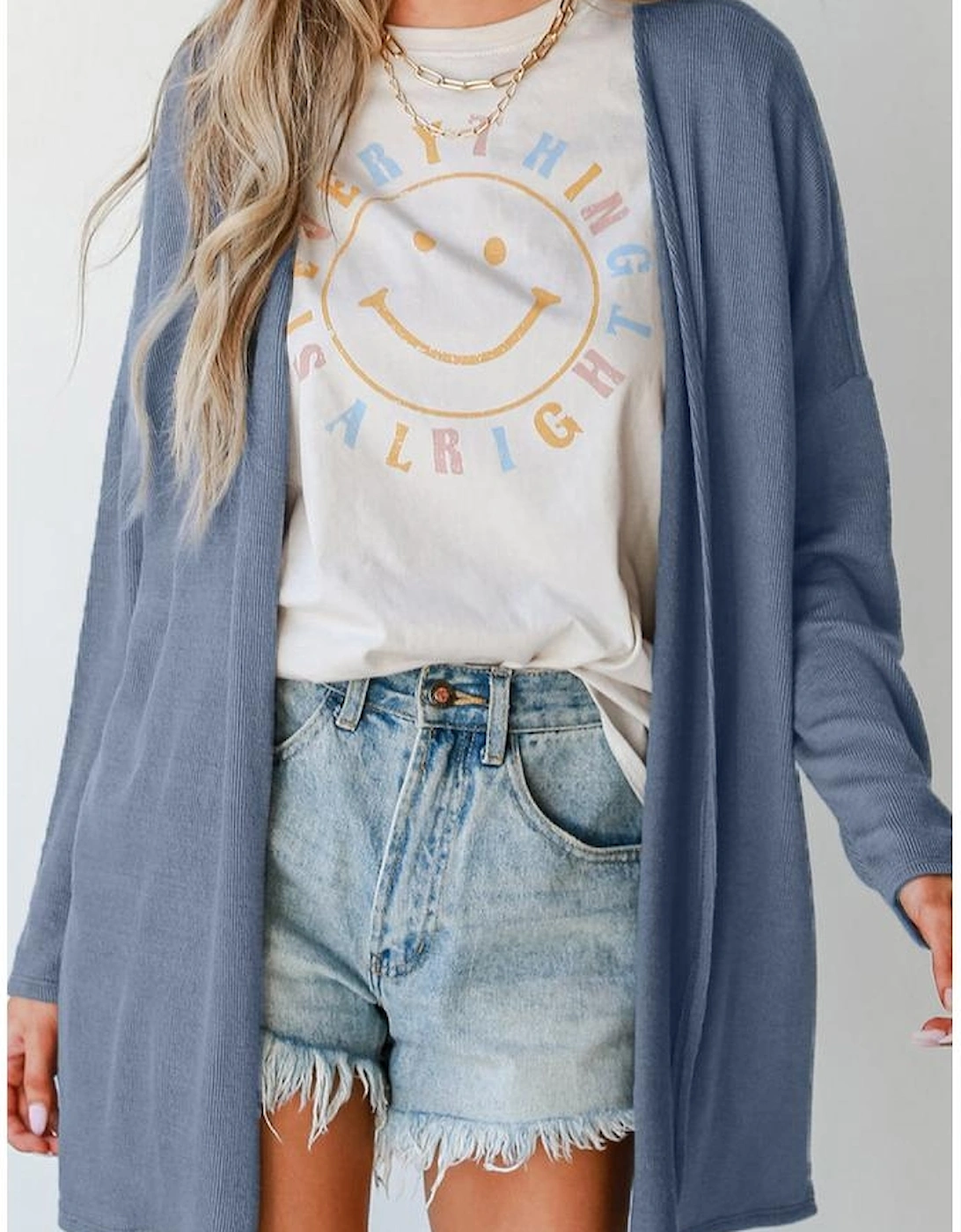 Ashleigh Blue Solid Color Rib Knit Open Front Tunic Cardigan