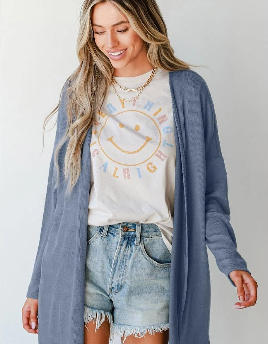 Ashleigh Blue Solid Color Rib Knit Open Front Tunic Cardigan