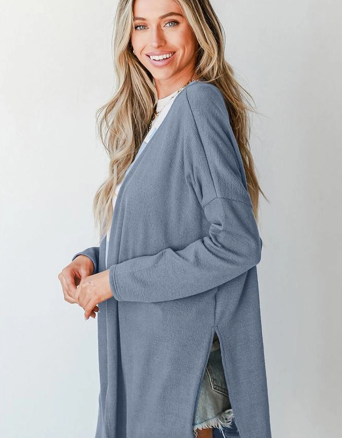 Ashleigh Blue Solid Color Rib Knit Open Front Tunic Cardigan