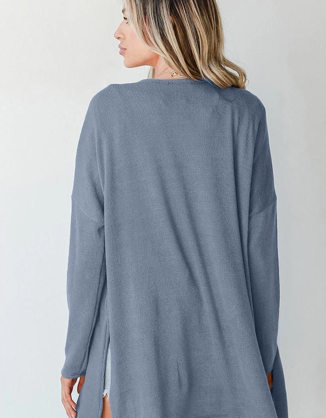 Ashleigh Blue Solid Color Rib Knit Open Front Tunic Cardigan