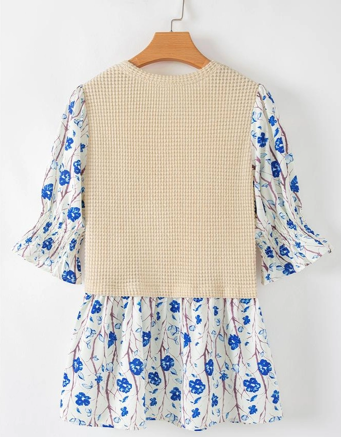 Beige Waffle Floral Patchwork Short Flounce Sleeve Peplum Blouse