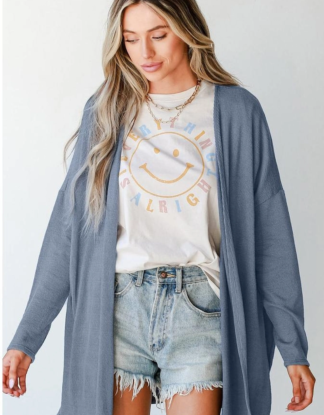 Ashleigh Blue Solid Color Rib Knit Open Front Tunic Cardigan