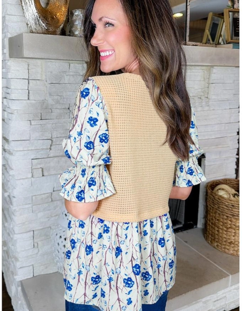 Beige Waffle Floral Patchwork Short Flounce Sleeve Peplum Blouse