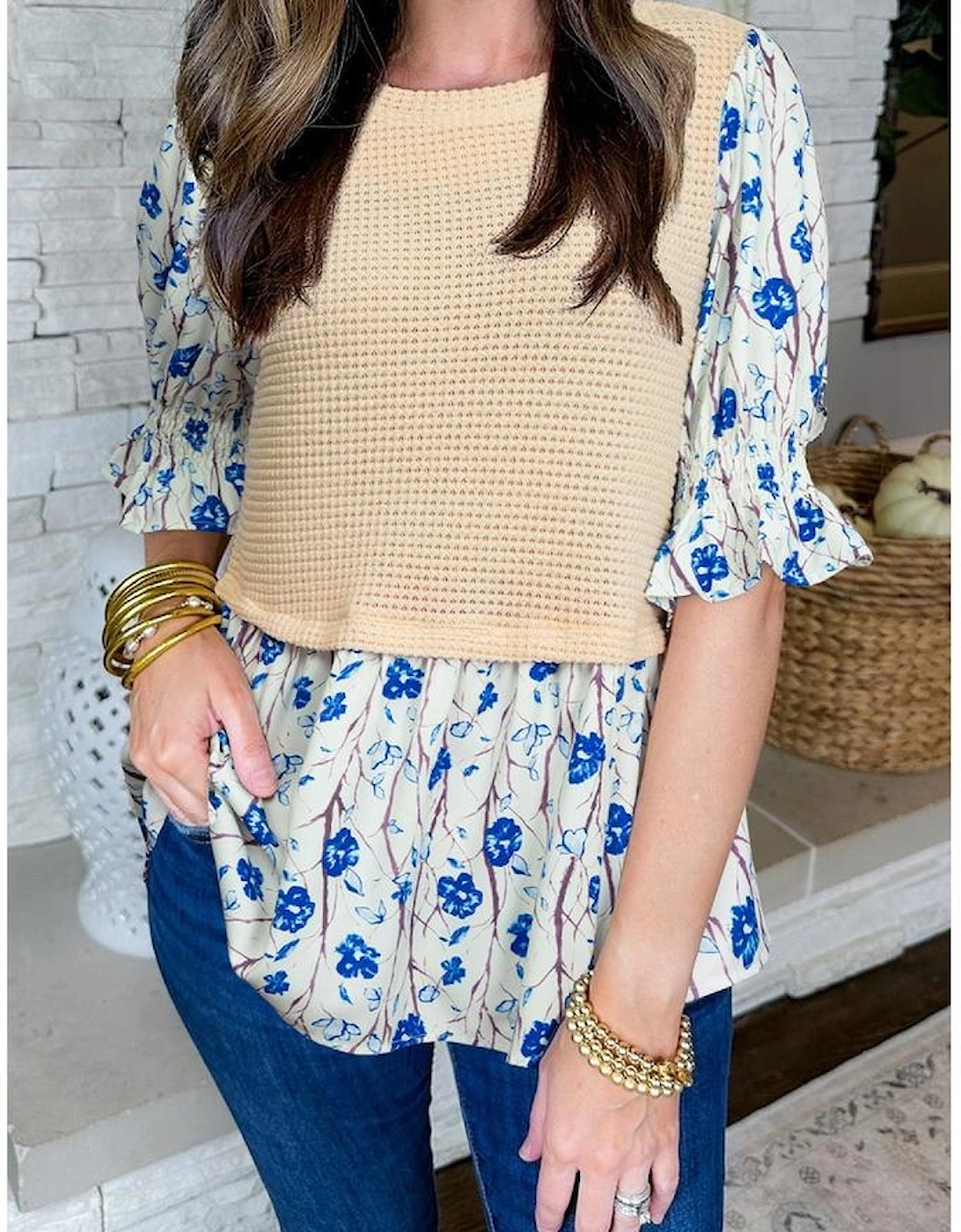 Beige Waffle Floral Patchwork Short Flounce Sleeve Peplum Blouse, 8 of 7