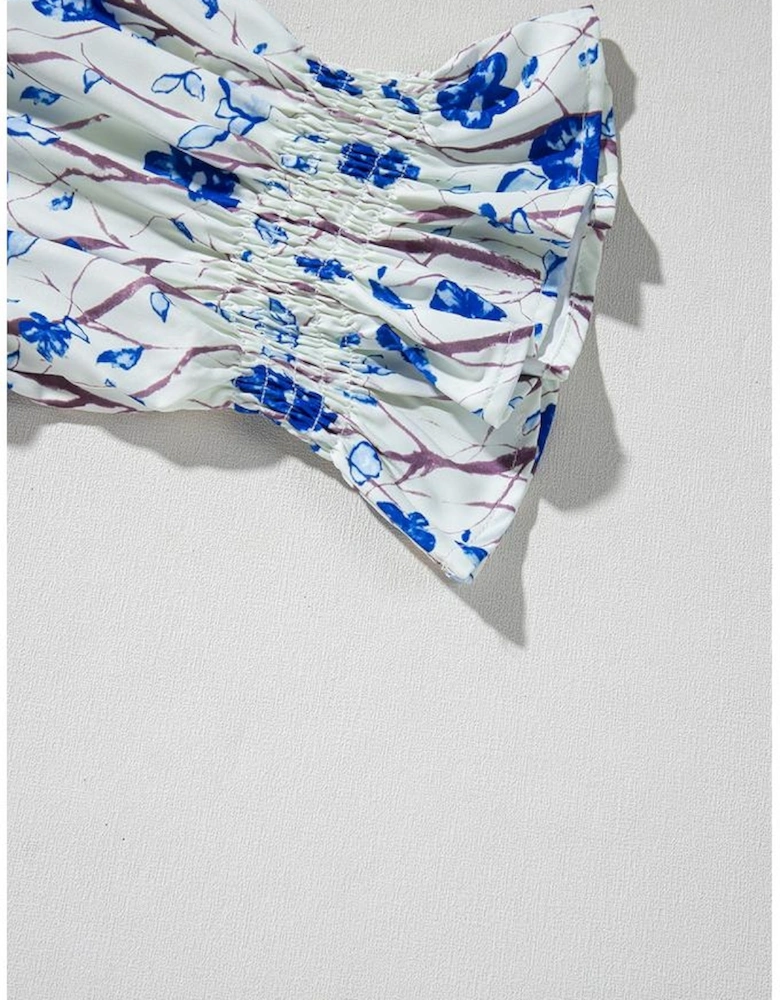 Beige Waffle Floral Patchwork Short Flounce Sleeve Peplum Blouse