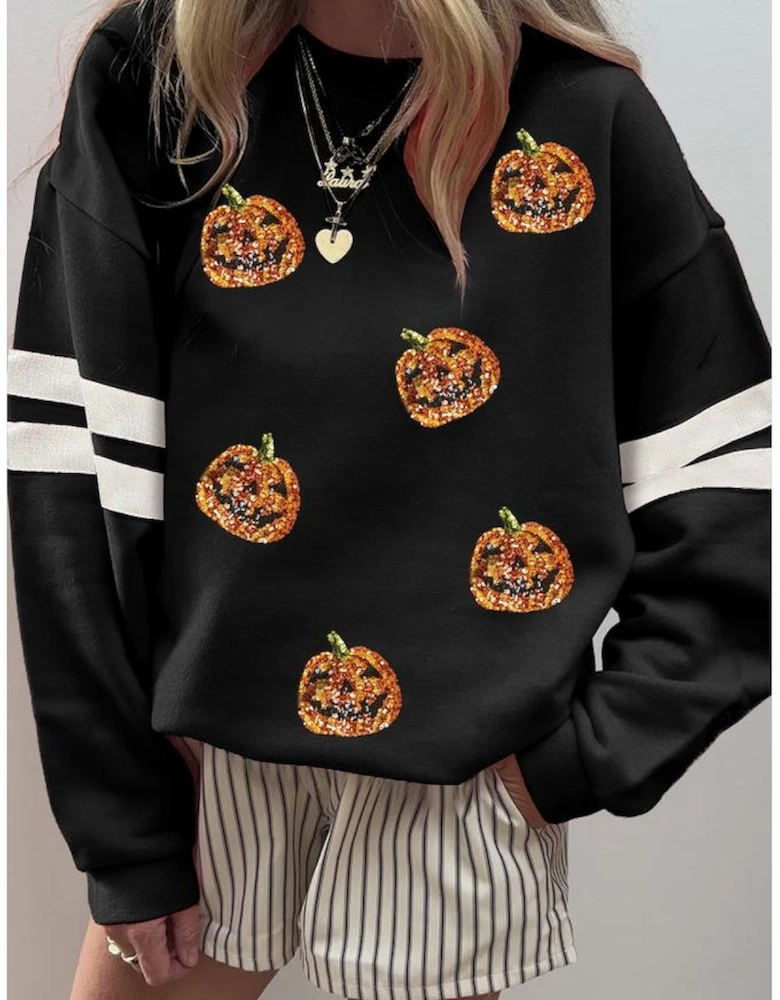 Black Halloween Pumpkin Face Sequin Patched Oversize Varsity Sweatshirt