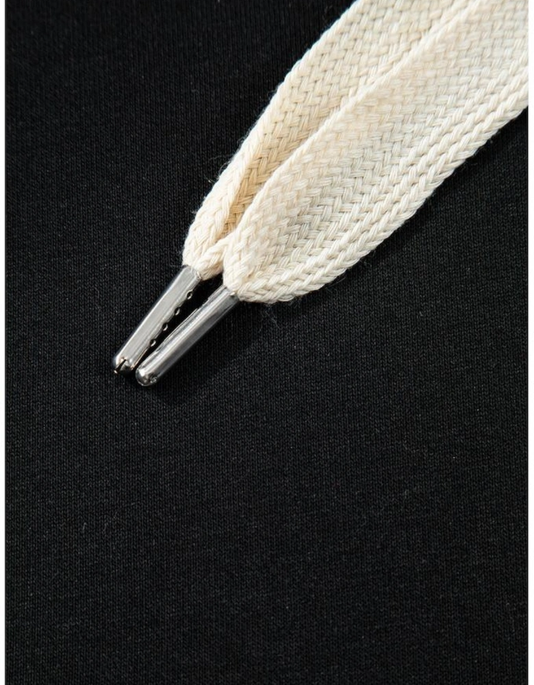 Black Solid Drop Shoulder Drawstring Cropped Hoodie