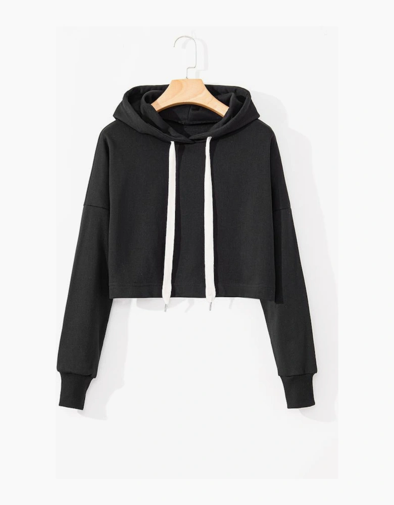 Black Solid Drop Shoulder Drawstring Cropped Hoodie