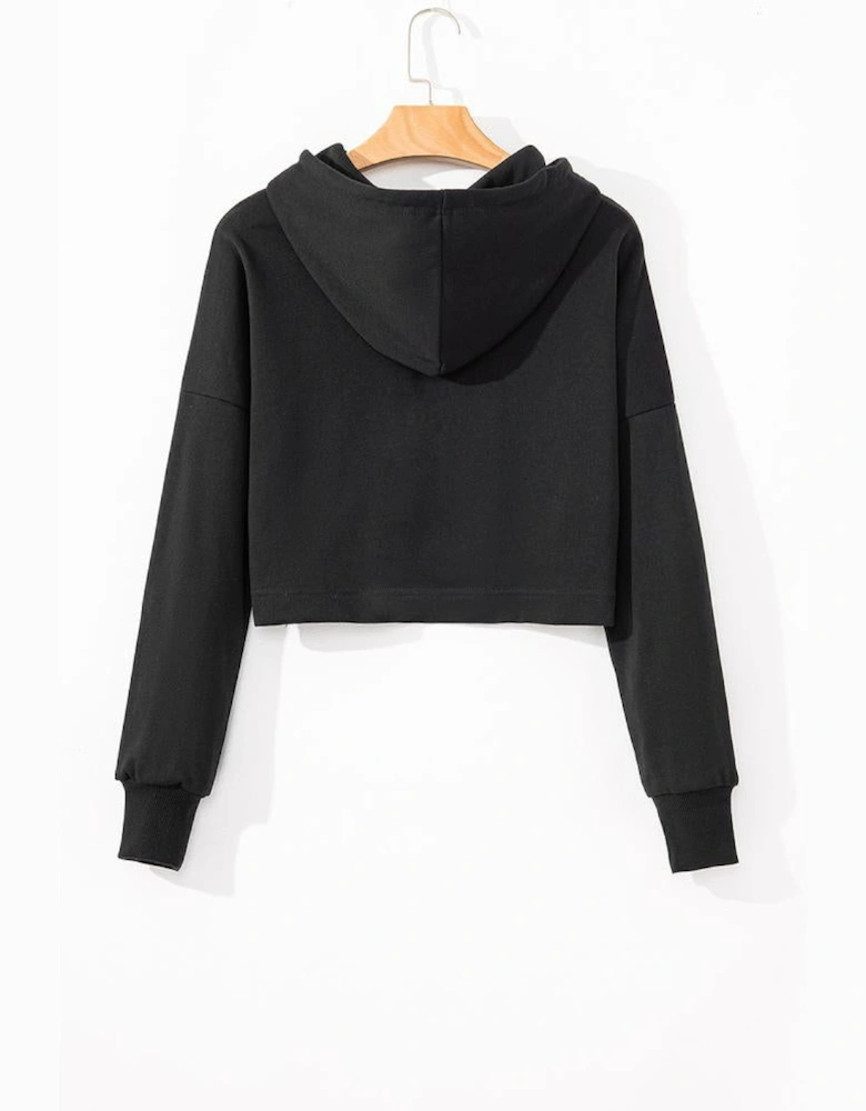 Black Solid Drop Shoulder Drawstring Cropped Hoodie