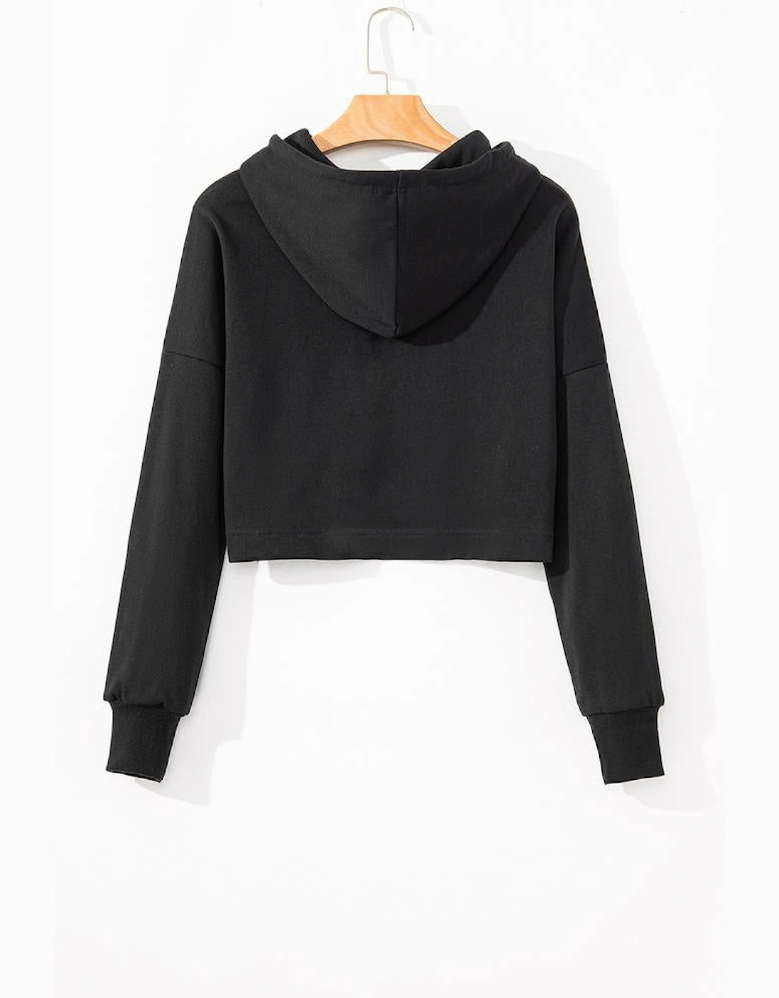Black Solid Drop Shoulder Drawstring Cropped Hoodie
