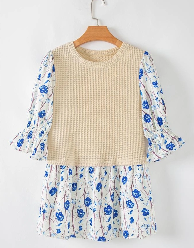 Beige Waffle Floral Patchwork Short Flounce Sleeve Peplum Blouse