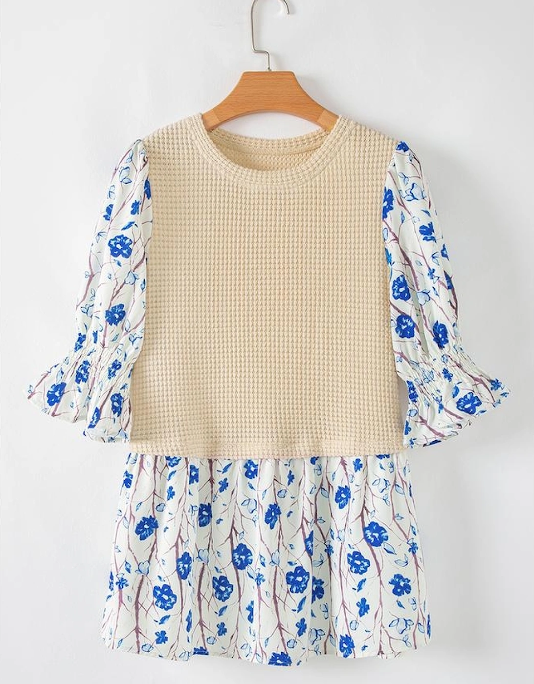 Beige Waffle Floral Patchwork Short Flounce Sleeve Peplum Blouse