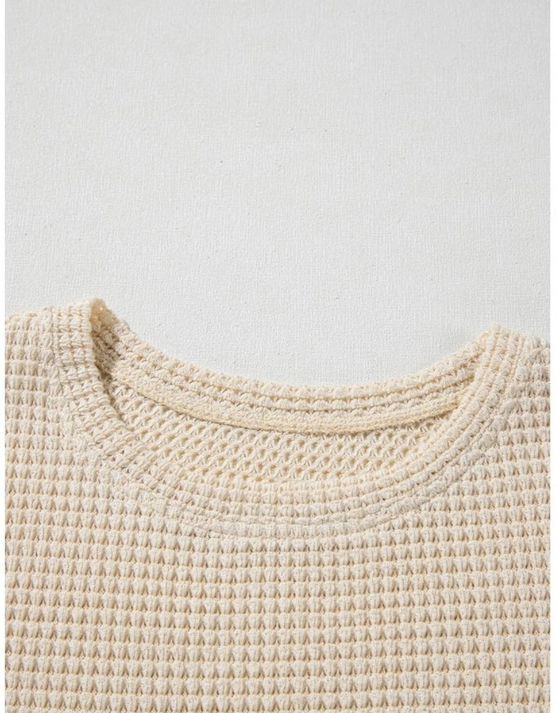 Beige Waffle Floral Patchwork Short Flounce Sleeve Peplum Blouse