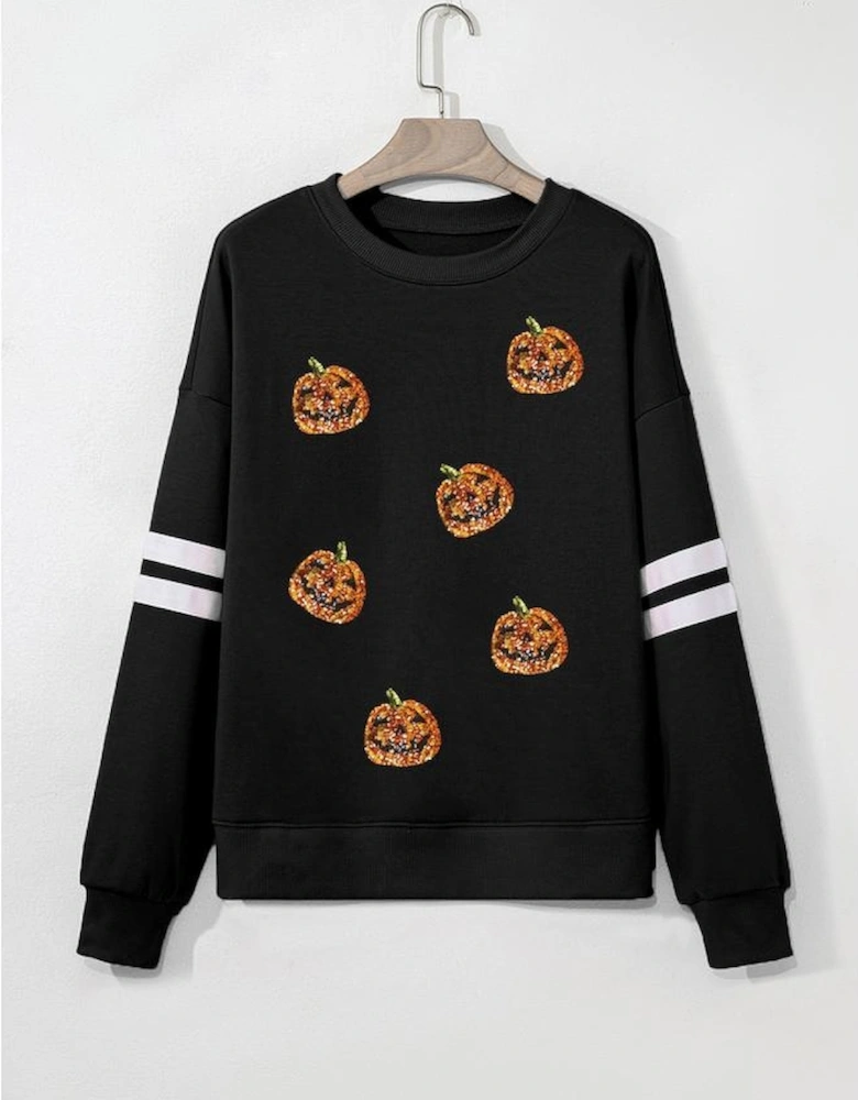 Black Halloween Pumpkin Face Sequin Patched Oversize Varsity Sweatshirt