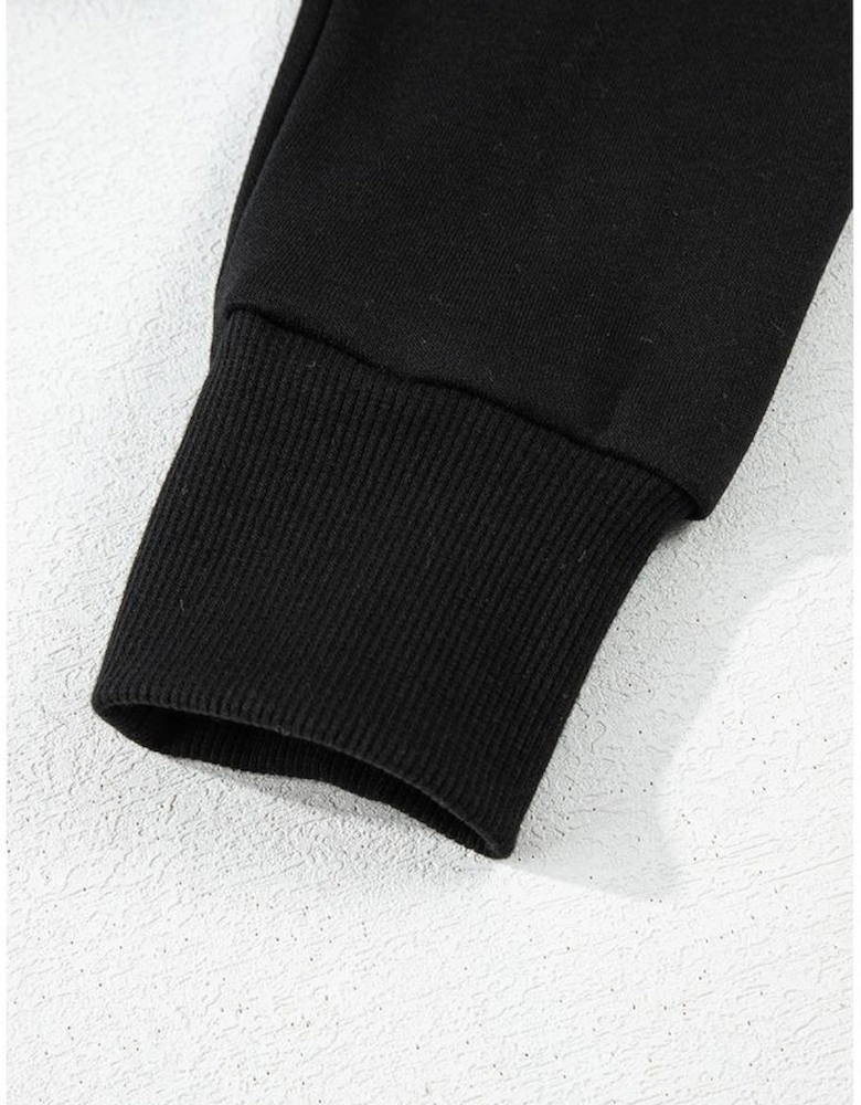 Black Solid Drop Shoulder Drawstring Cropped Hoodie