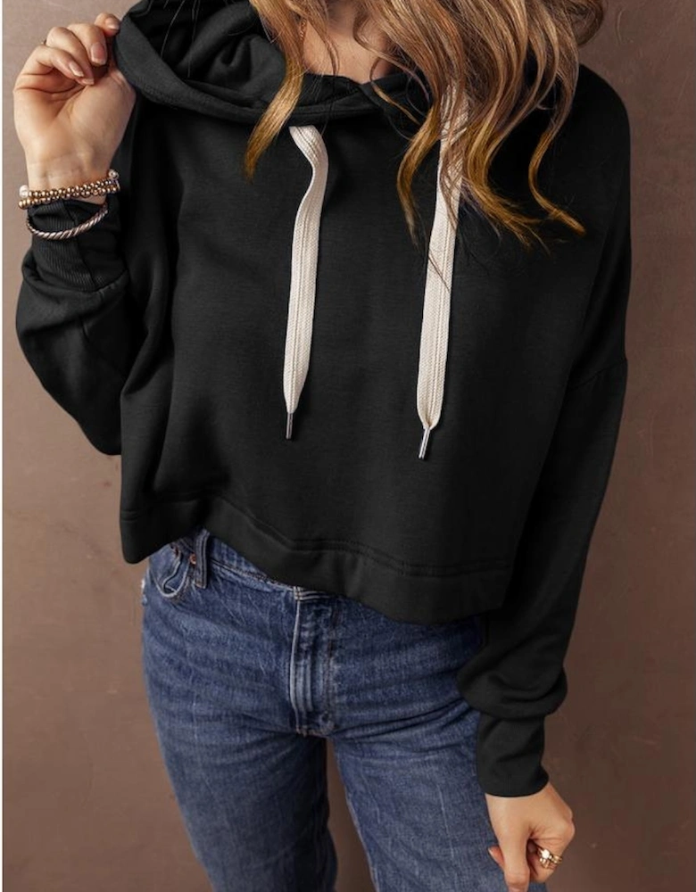 Black Solid Drop Shoulder Drawstring Cropped Hoodie