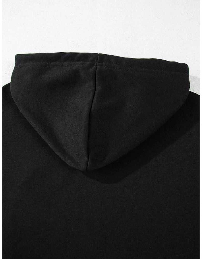 Black Solid Drop Shoulder Drawstring Cropped Hoodie