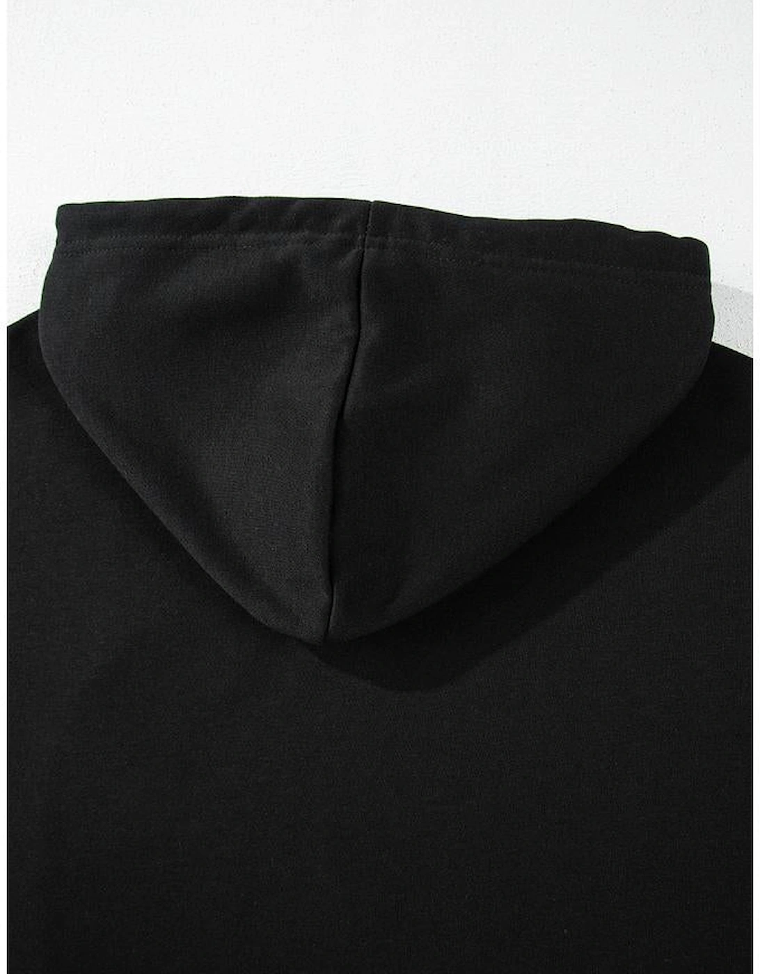 Black Solid Drop Shoulder Drawstring Cropped Hoodie