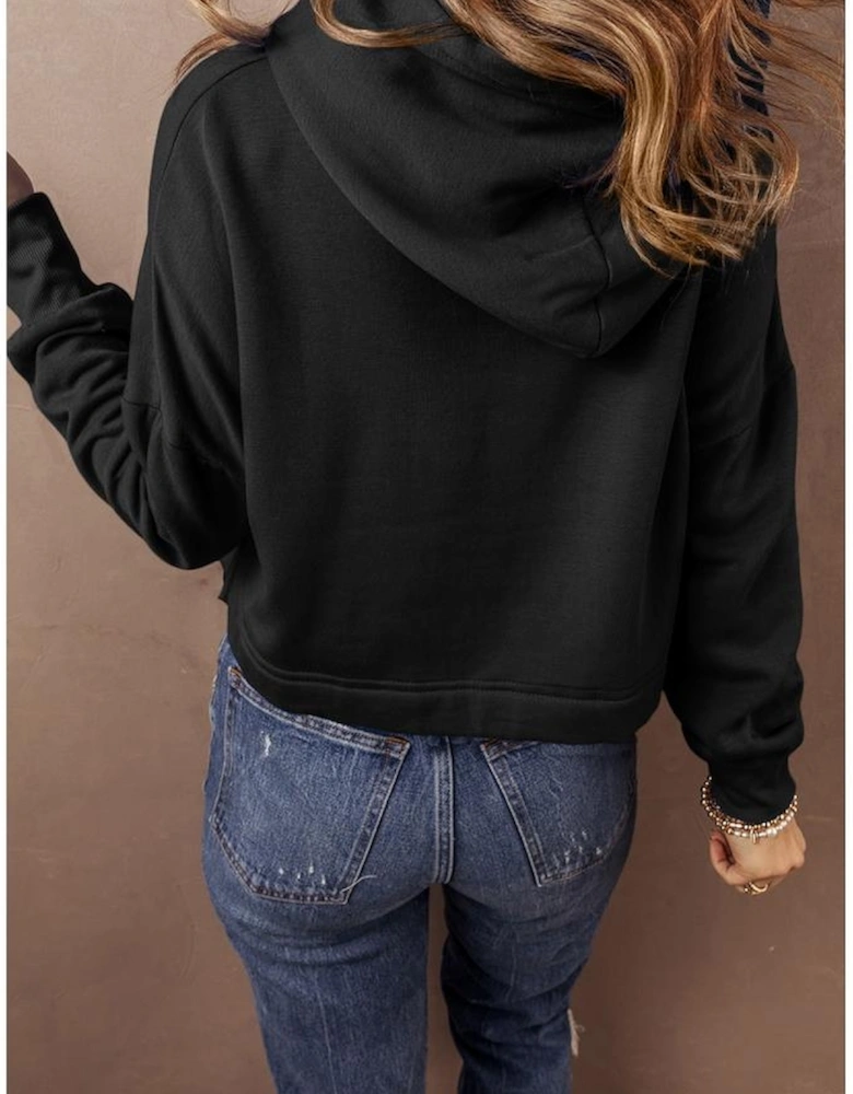 Black Solid Drop Shoulder Drawstring Cropped Hoodie