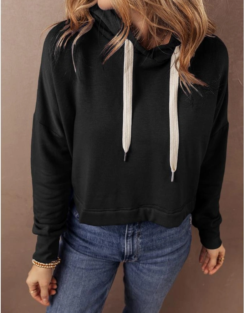 Black Solid Drop Shoulder Drawstring Cropped Hoodie