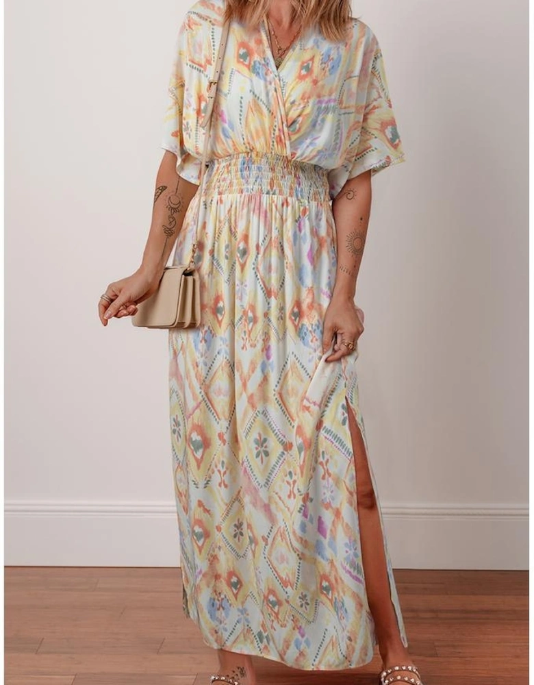 Multicolour Geometric Print Half Sleeve Shirred High Waist Maxi Dress