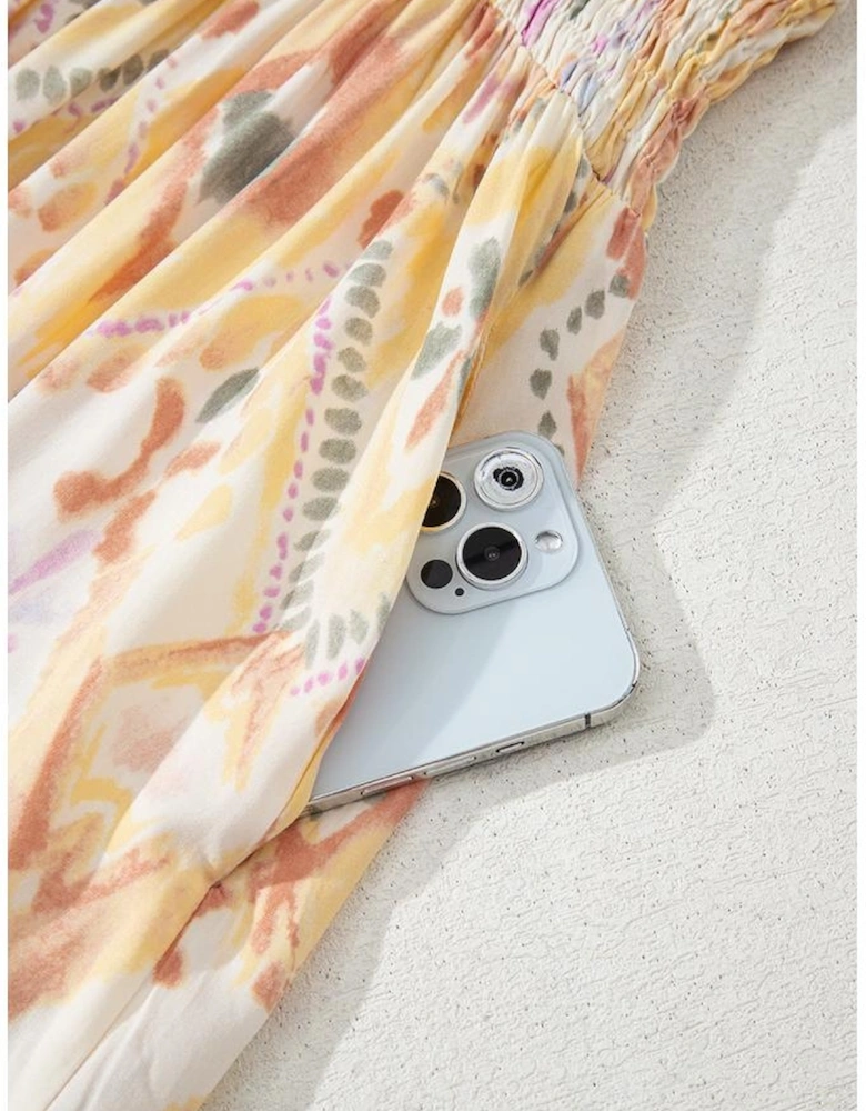 Multicolour Geometric Print Half Sleeve Shirred High Waist Maxi Dress