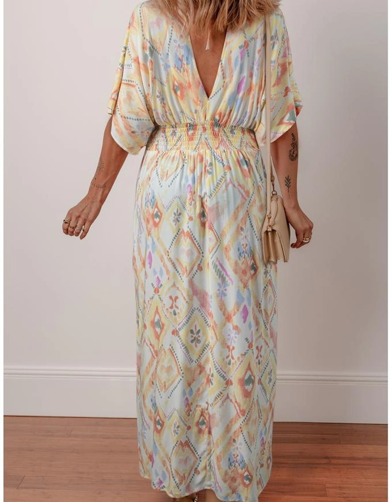Multicolour Geometric Print Half Sleeve Shirred High Waist Maxi Dress