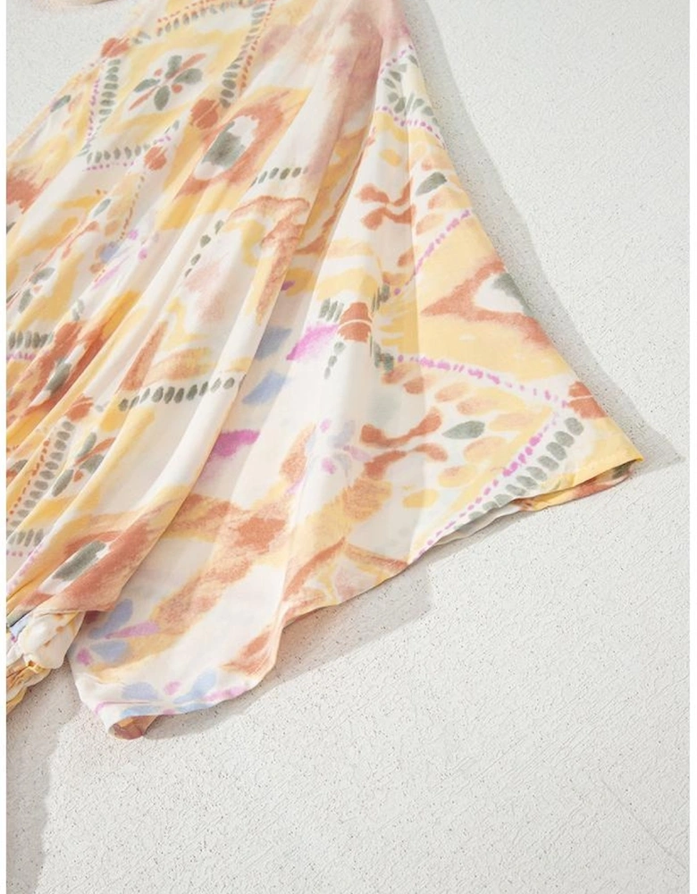 Multicolour Geometric Print Half Sleeve Shirred High Waist Maxi Dress