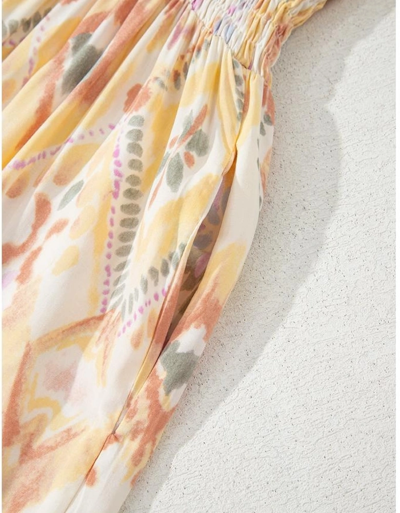 Multicolour Geometric Print Half Sleeve Shirred High Waist Maxi Dress