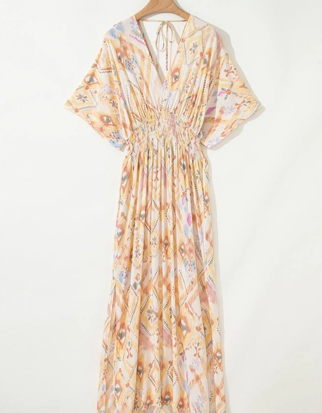 Multicolour Geometric Print Half Sleeve Shirred High Waist Maxi Dress