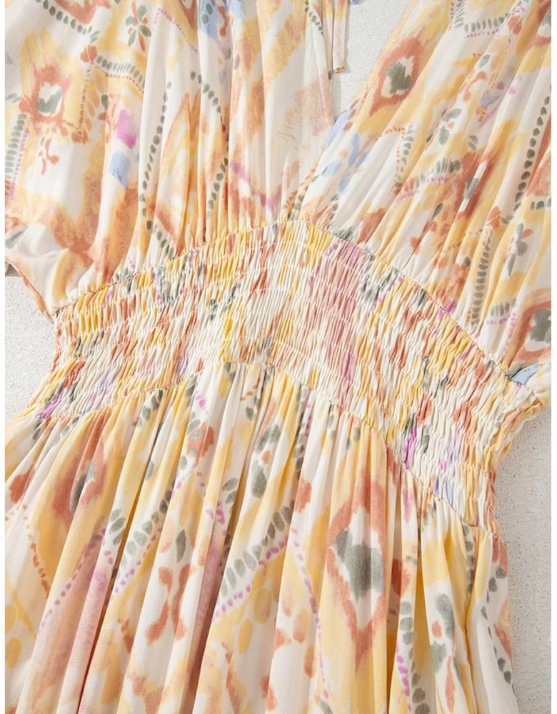 Multicolour Geometric Print Half Sleeve Shirred High Waist Maxi Dress